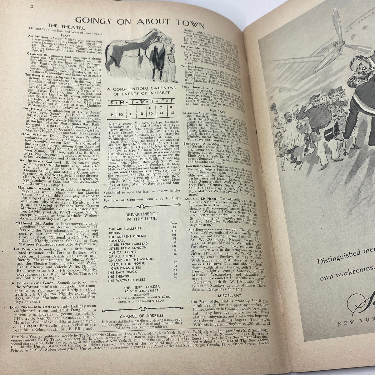 Goings On About Town section from The New Yorker Complete Magazine November 8, 1947 featuring news and events in the theatre area.