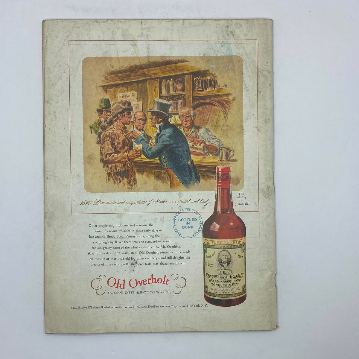 Back cover advertisement of Old Overholt whiskey from The New Yorker Complete Magazine November 8, 1947 featuring a historical bar scene.