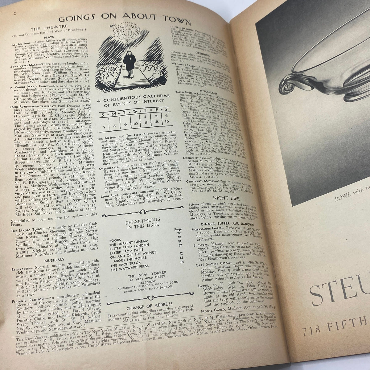 Interior page of The New Yorker Complete Magazine September 6, 1947 showing events calendar and advertisements, reflective of the magazine's historical content.