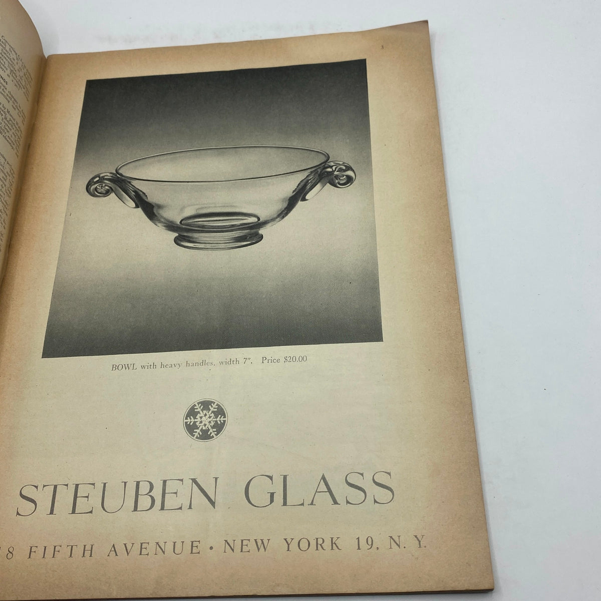 Another interior page of The New Yorker Complete Magazine September 6, 1947 featuring an advertisement for Steuben Glass with a product image of a glass bowl.
