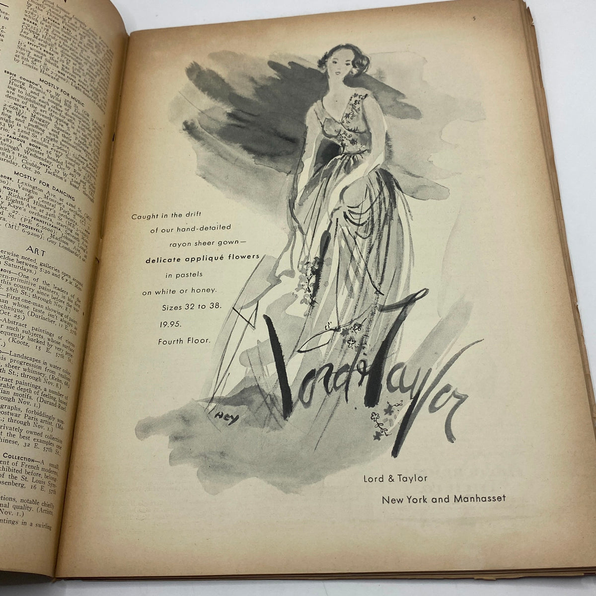 Interior page of The New Yorker Complete Magazine October 25, 1947 featuring a fashion advertisement for Lord & Taylor, illustrating a model in a stylish gown.
