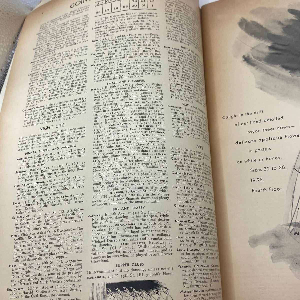 Interior page of The New Yorker Complete Magazine October 25, 1947 displaying text and listings for dining, nightlife, and cultural events in New York.