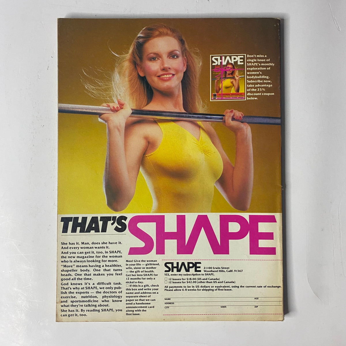 Back cover of Muscle & Fitness Magazine July 1981 promoting the Shape magazine, featuring an image of a woman holding a barbell.