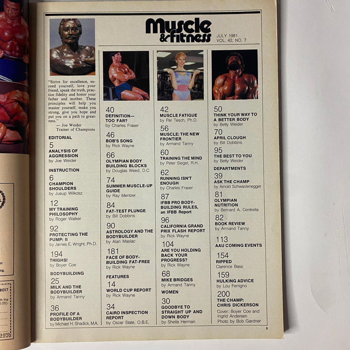 Table of contents from Muscle & Fitness Magazine July 1981, listing key articles and features including bodybuilding tips and expert insights.
