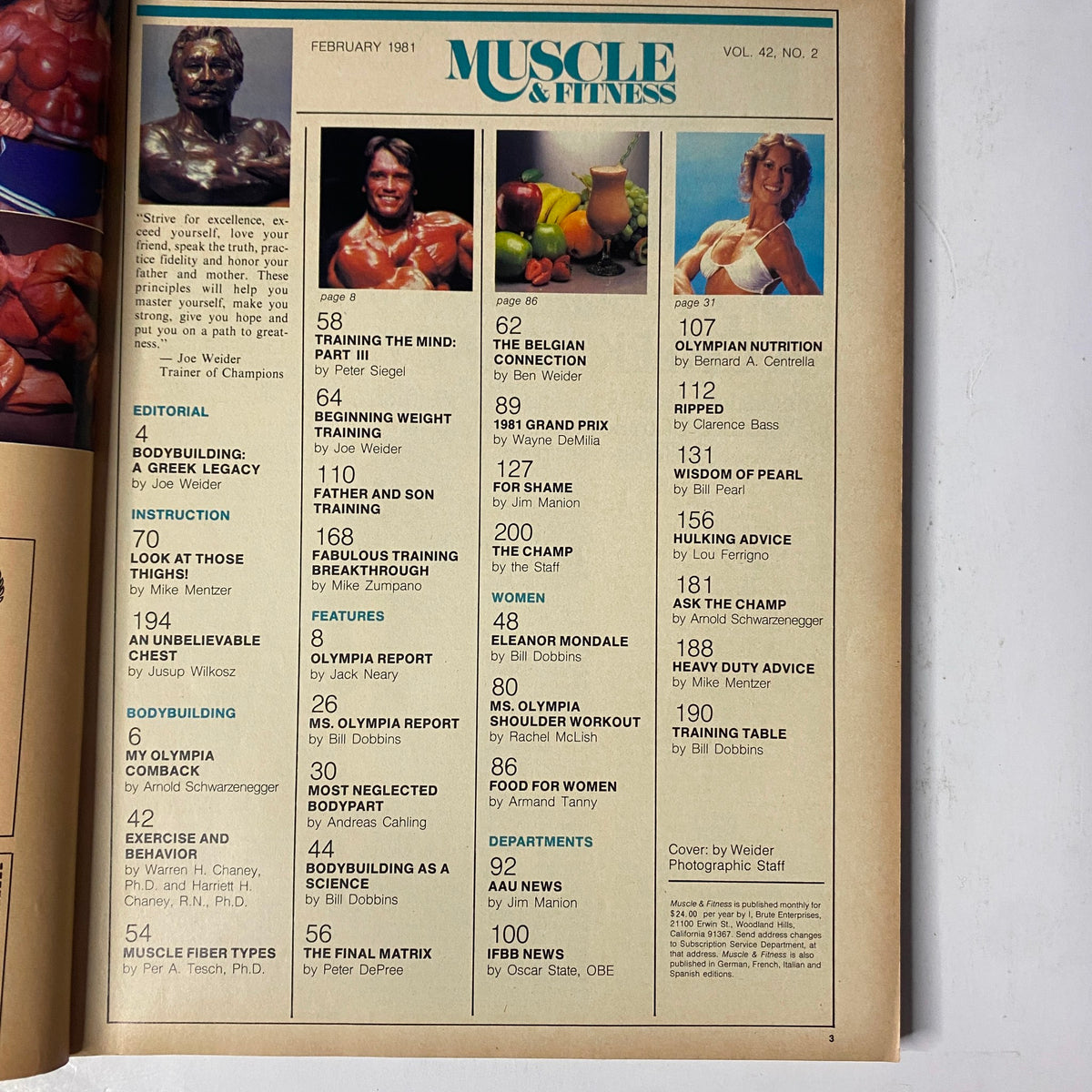Contents page of Muscle & Fitness Magazine February 1981, listing articles and highlights including Arnold Schwarzenegger's Olympia comeback and various training tips.