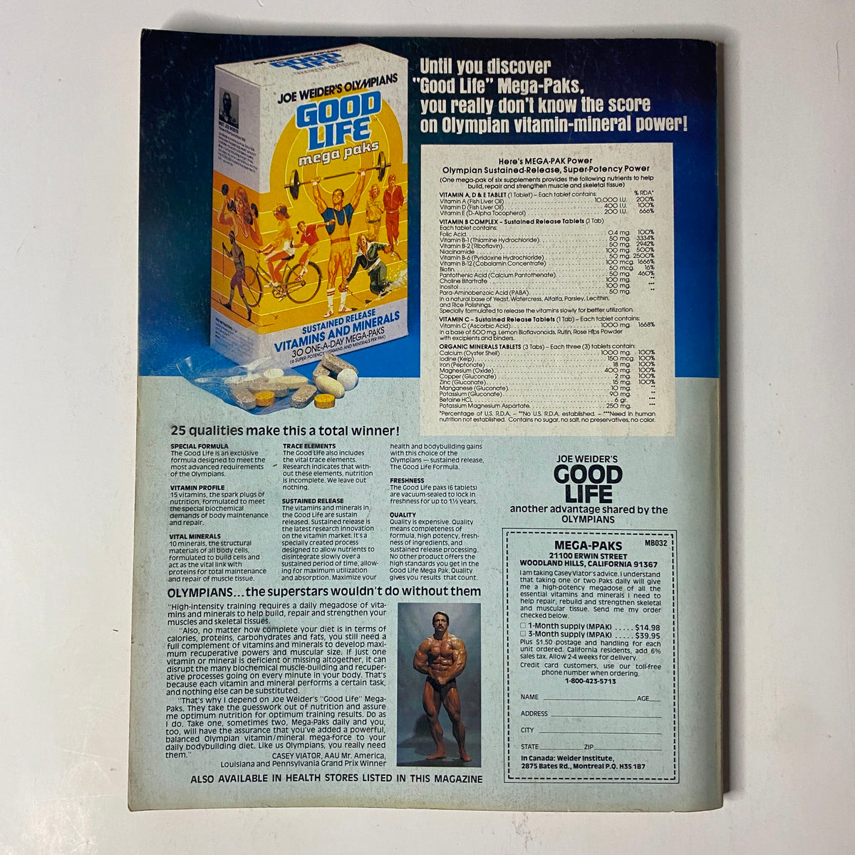 Back cover of Muscle & Fitness Magazine February 1981 displaying a promotional advertisement for Joe Weider's Good Life Mega-Paks, showcasing nutritional supplements for athletes.
