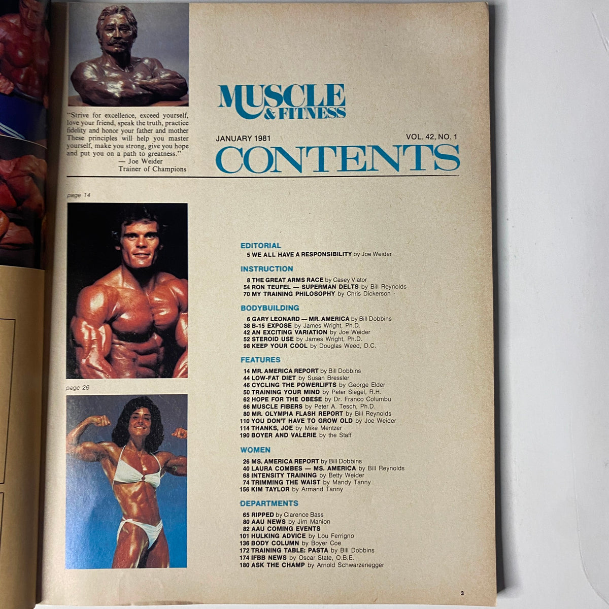 Contents page of Muscle & Fitness Magazine January 1981 featuring articles including 'We All Have a Responsibility' by Joe Weider and 'Gary Leonard – Mr. America' by Bill Dobbins.