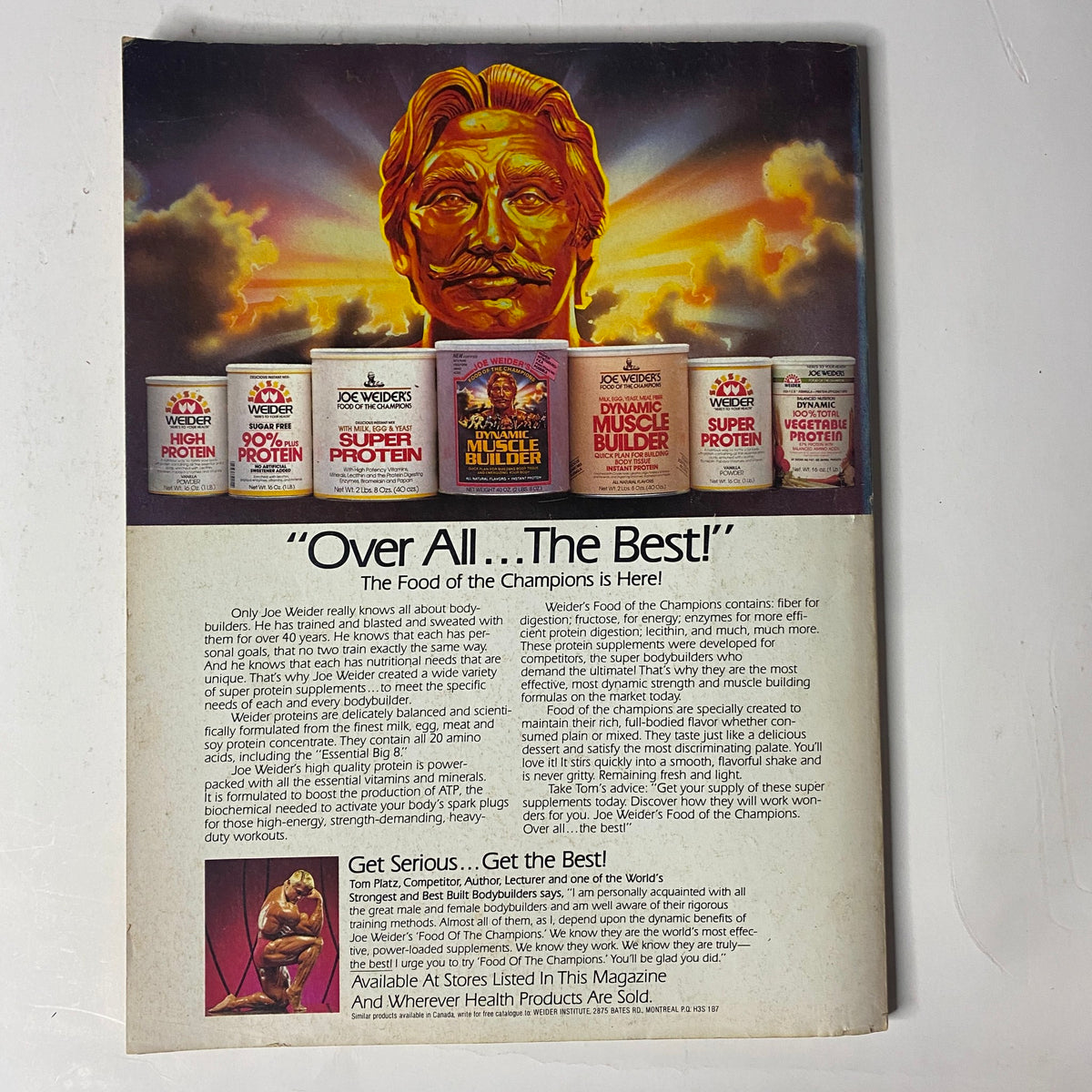 Back cover of Muscle & Fitness Magazine May 1984 showcasing a promotional advertisement for Weider's protein products with a golden statue illustration.