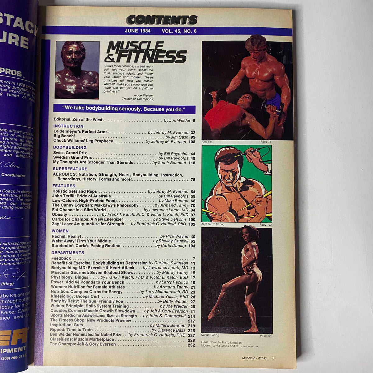 Contents page from Muscle & Fitness Magazine June 1984, highlighting articles on training, nutrition, and bodybuilding with contributions from various authors.