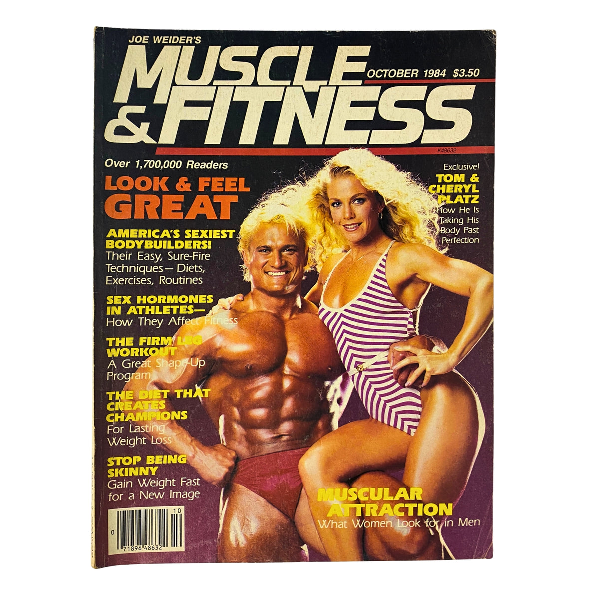 Cover of Muscle & Fitness Magazine October 1984 featuring Tom and Cheryl Platz, highlighting topics like bodybuilding, nutrition, and fitness tips.