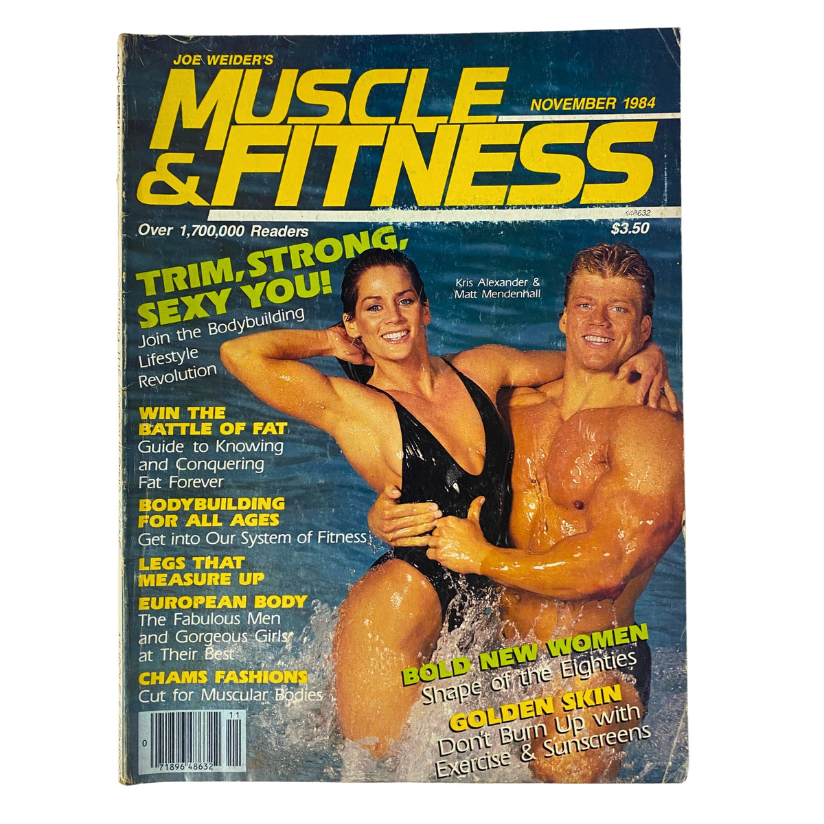 Cover of Muscle & Fitness Magazine November 1984 featuring Kris Alexander and Matt Mendenhall, promoting bodybuilding lifestyle and health. Highlights include fitness tips, nutrition advice, and profiles of bodybuilders.