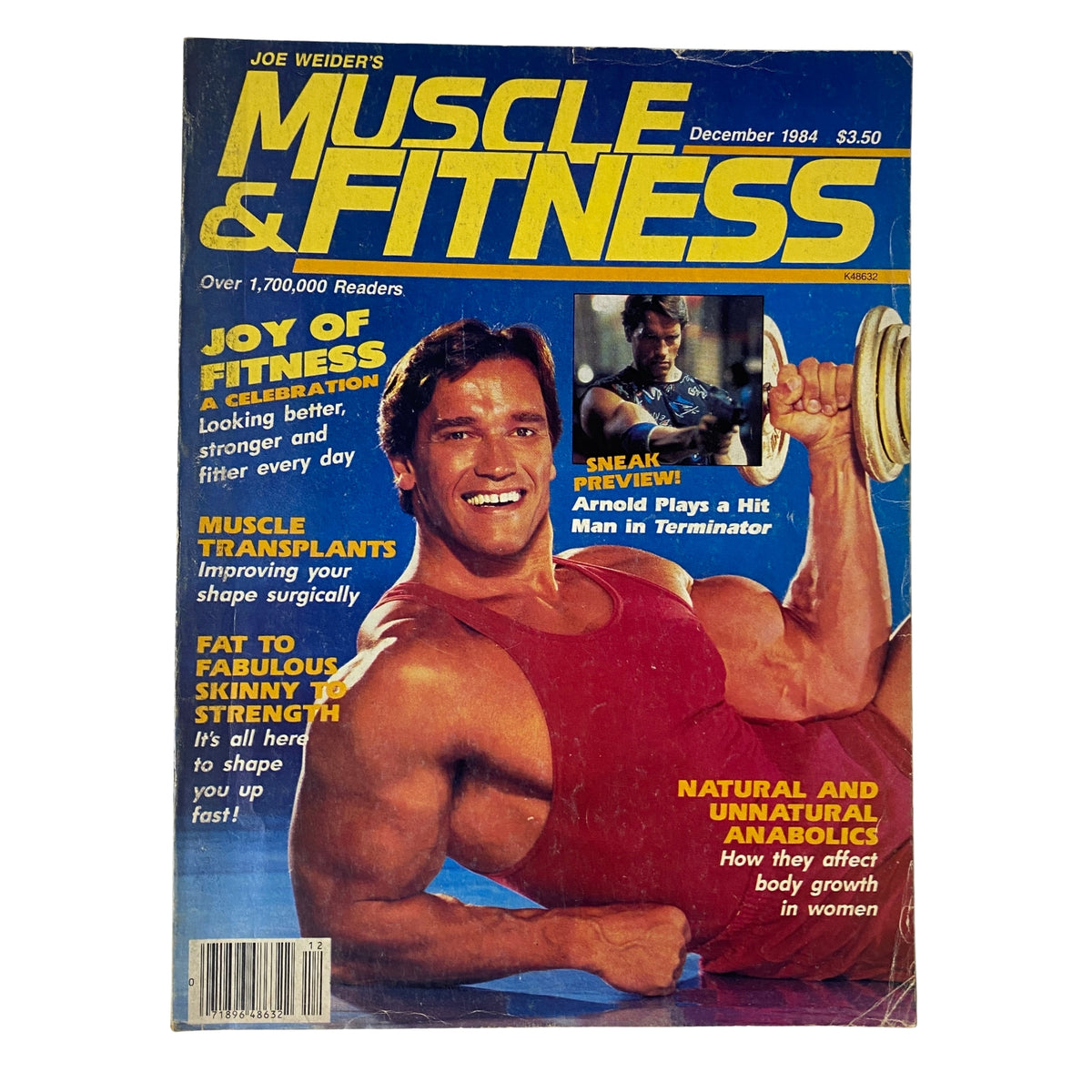 Muscle & Fitness Magazine December 1984 cover featuring a muscular man, promoting fitness and bodybuilding with the tagline 'Joy of Fitness & Celebration'.