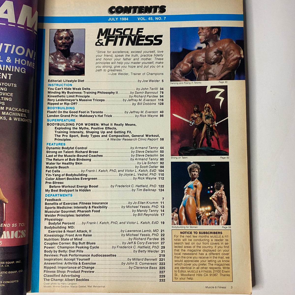 Contents page of the Muscle & Fitness Magazine July 1984 listing articles including ‘Lifestyle Diet’ and ‘Ripped: Importance of Change’.