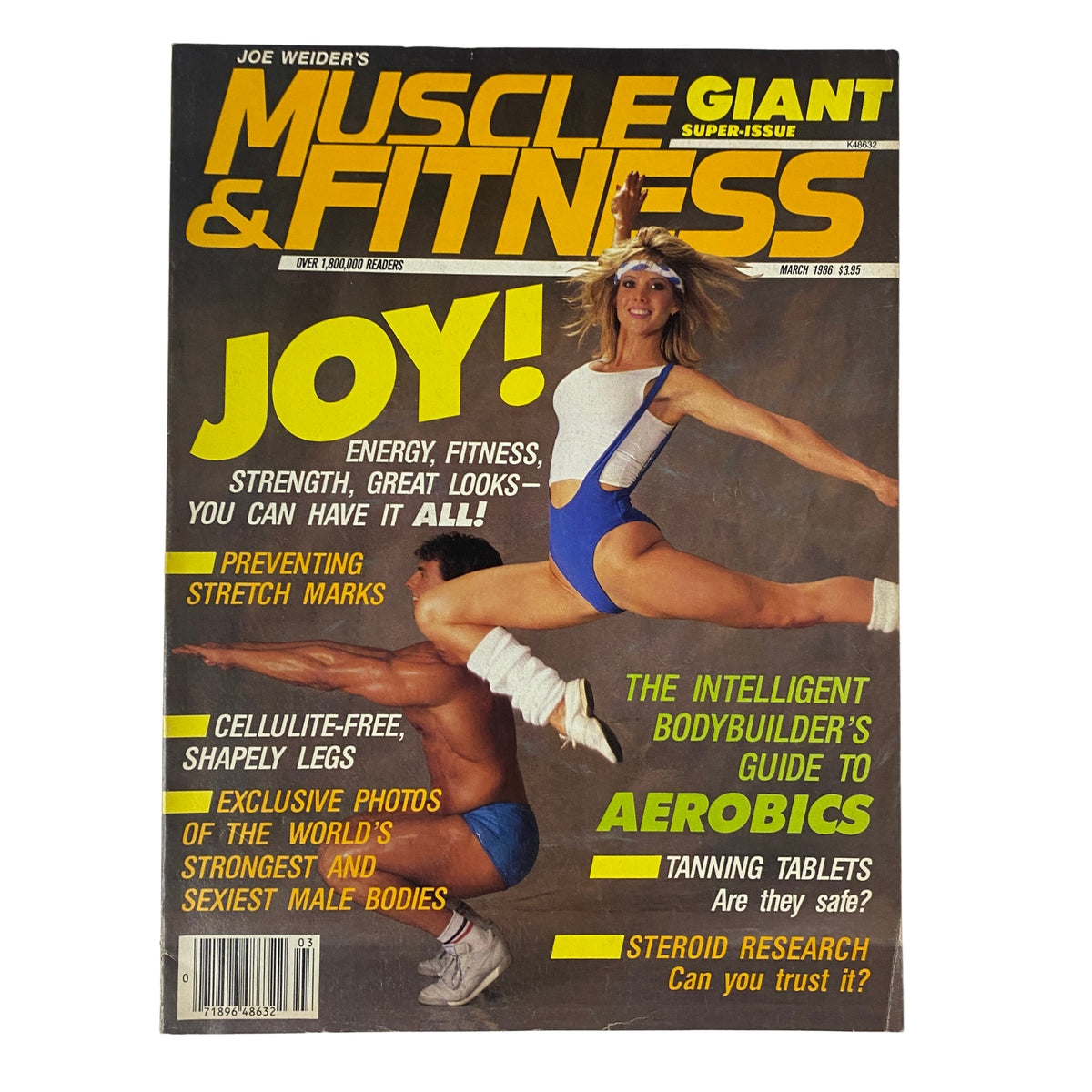 Cover of Muscle & Fitness Magazine March 1986 featuring Mindi Iden and Alfred Neugebauer. The cover highlights topics like energy, great looks, stretch mark prevention, and aerobics.