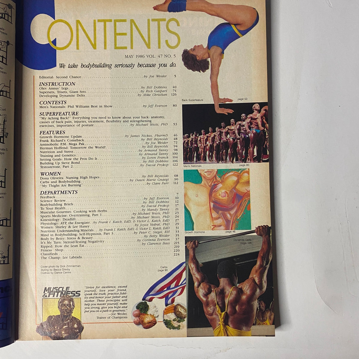 Contents page of Muscle & Fitness Magazine from May 1986, highlighting articles on bodybuilding instruction, superfeatures, and women's fitness.
