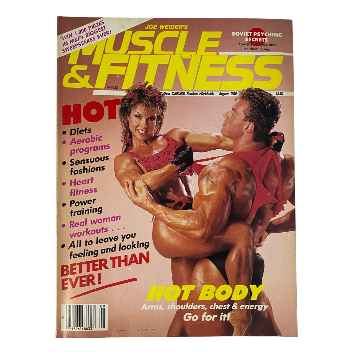 Cover of Muscle & Fitness Magazine August 1986 featuring Mary Roberts and Berry DeMey, highlighting fitness topics such as diets, aerobic programs, and training routines.
