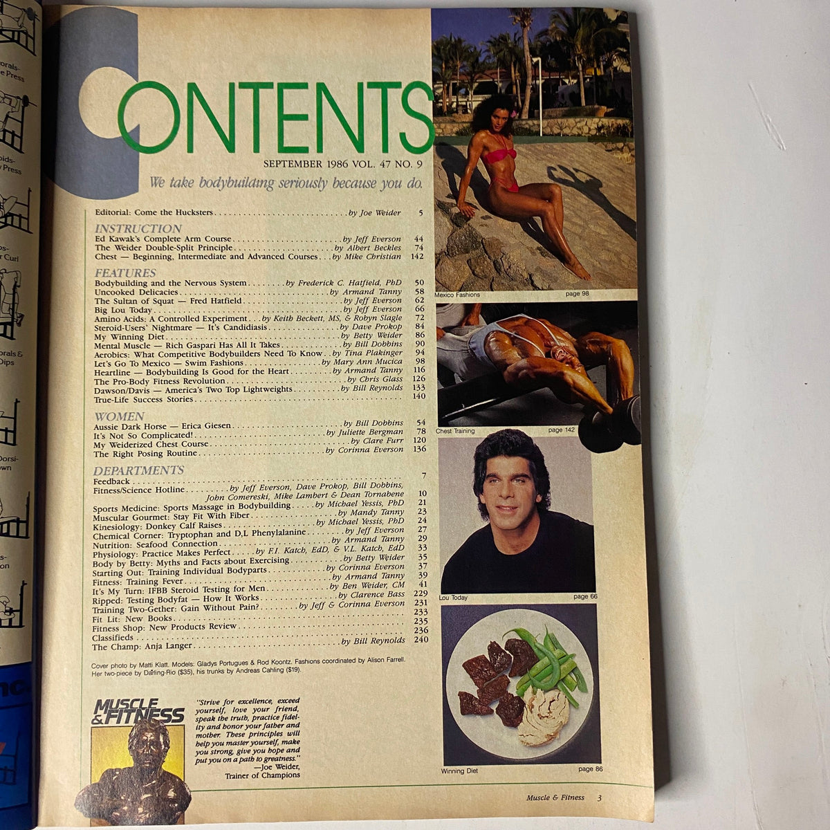 Contents page of Muscle & Fitness Magazine, September 1986, detailing magazine sections, including bodybuilding instruction and features.