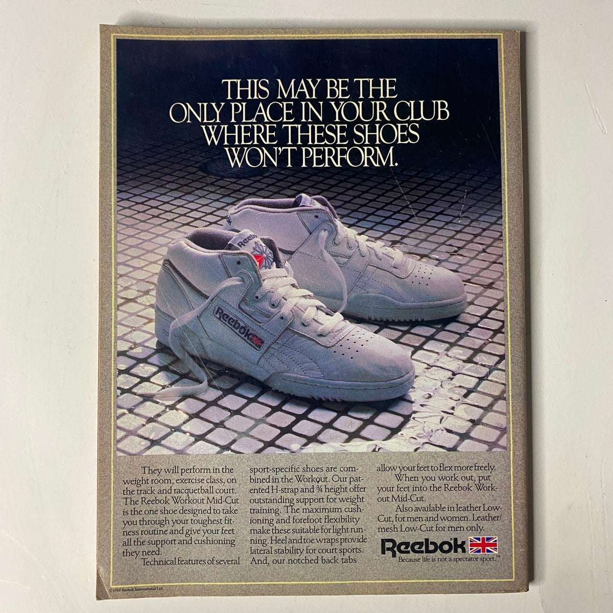 Advertisement for Reebok shoes from Muscle & Fitness Magazine, October 1986, showcasing athletic footwear designed for specific sports and activities.