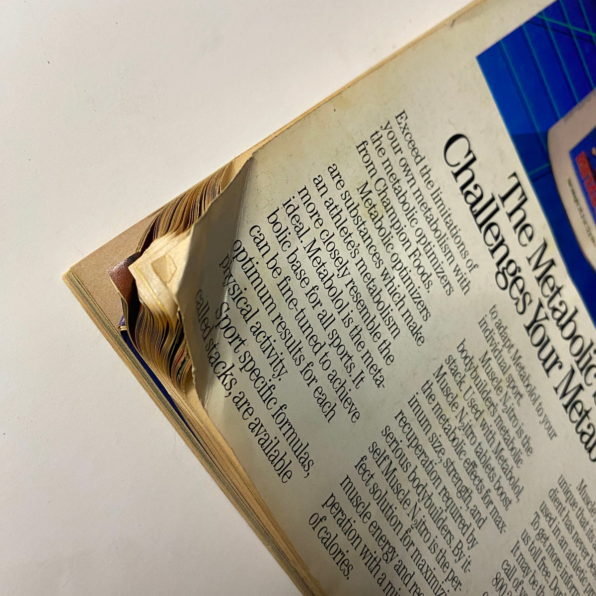 Close-up image of the ad for The Metabolic Stack in Muscle & Fitness Magazine March 1987, showing product packaging and promoting metabolic enhancement.