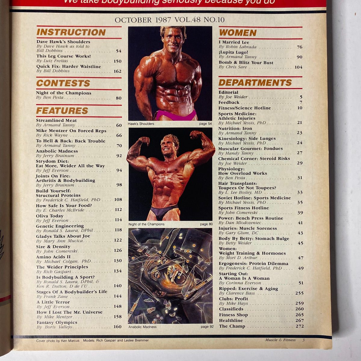 Contents page of Muscle & Fitness Magazine October 1987, detailing articles including Dave Hawk's Shoulders, Night of the Champions, and various fitness topics.