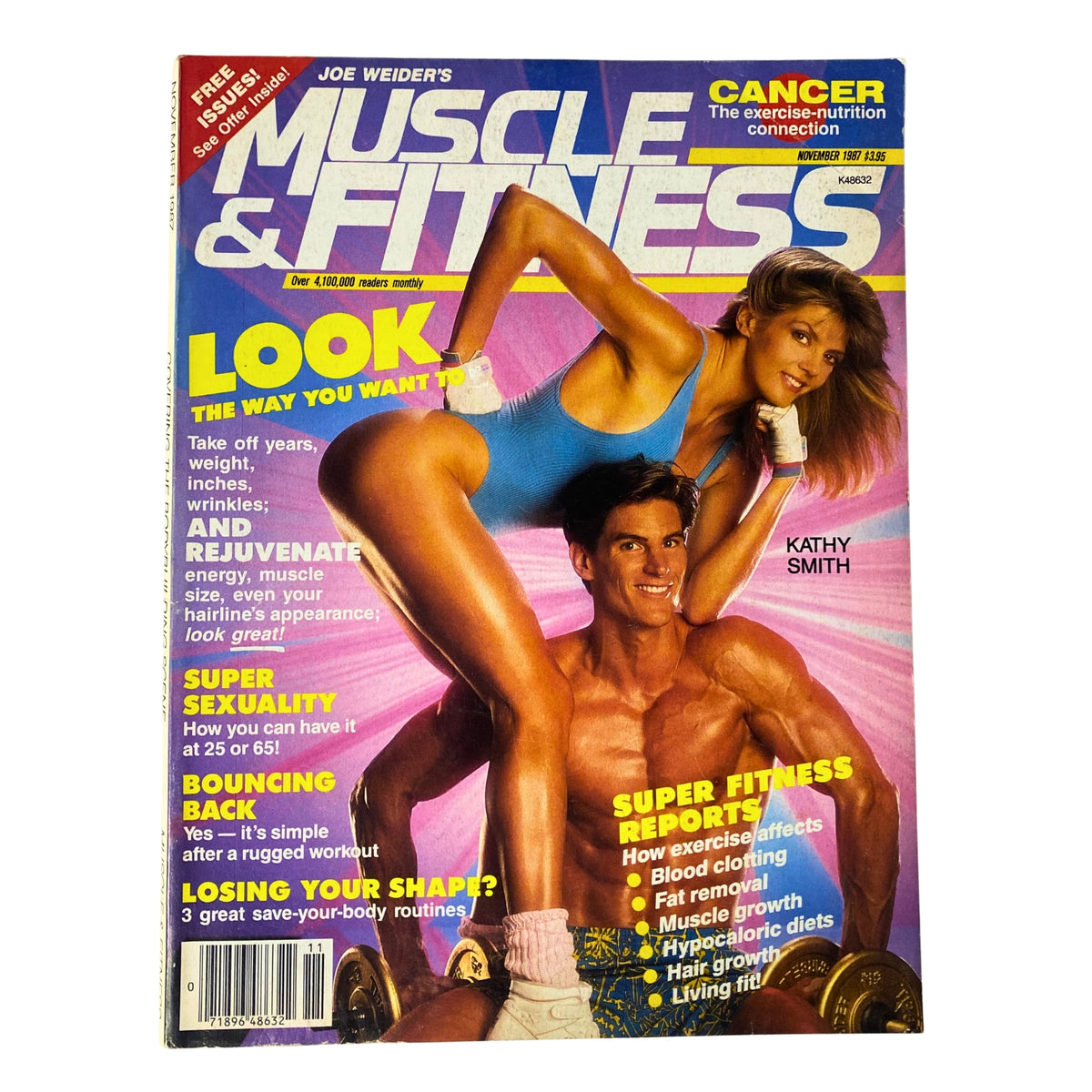 Muscle & Fitness Magazine November 1987 cover featuring Kathy Smith and Mark Findlay promoting fitness and bodybuilding tips.
