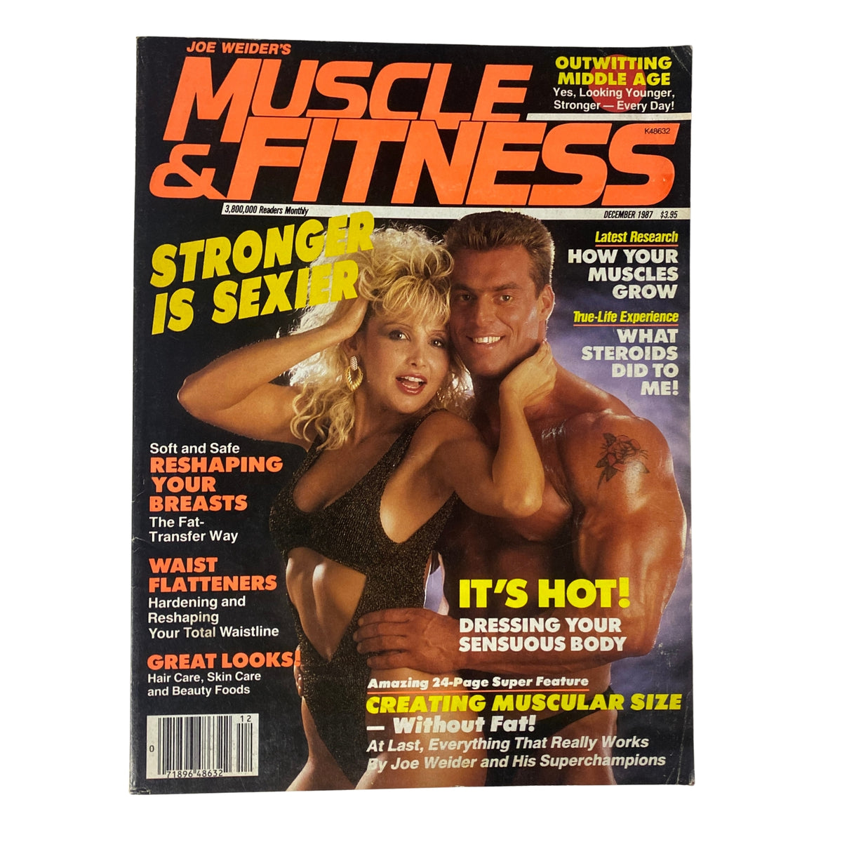 Muscle & Fitness Magazine December 1987 cover featuring Chris Sare and Berry DeMey, promoting bodybuilding and fitness with themes like 'Stronger is Sexier' and 'Creating Muscular Size Without Fat'.