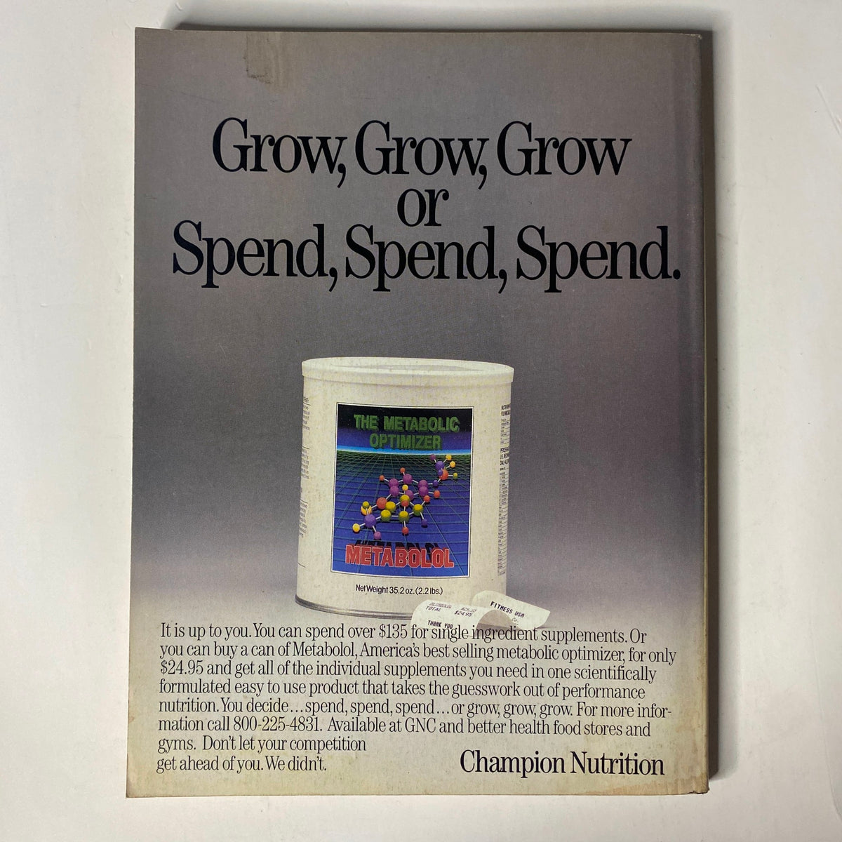Back cover of Muscle & Fitness Magazine February 1988, advertising Champion Nutrition's Metabolic Optimizer with a focus on dietary supplements.