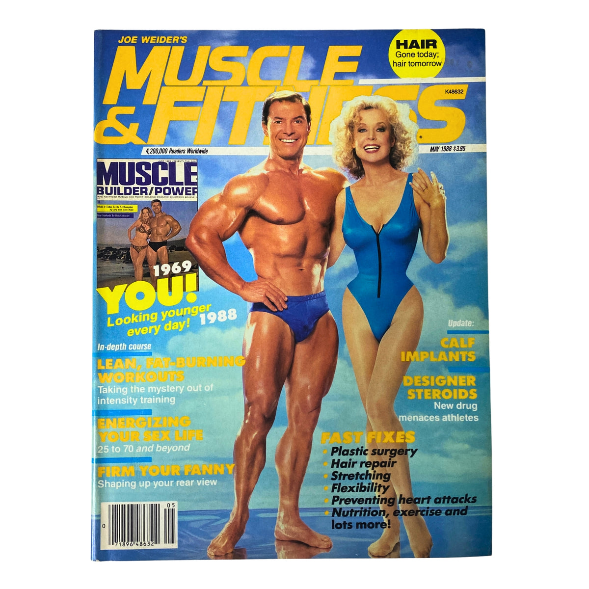 Cover of Muscle & Fitness Magazine May 1988 featuring Betty Weider and Larry Scott in swimsuits, promoting fitness and bodybuilding.