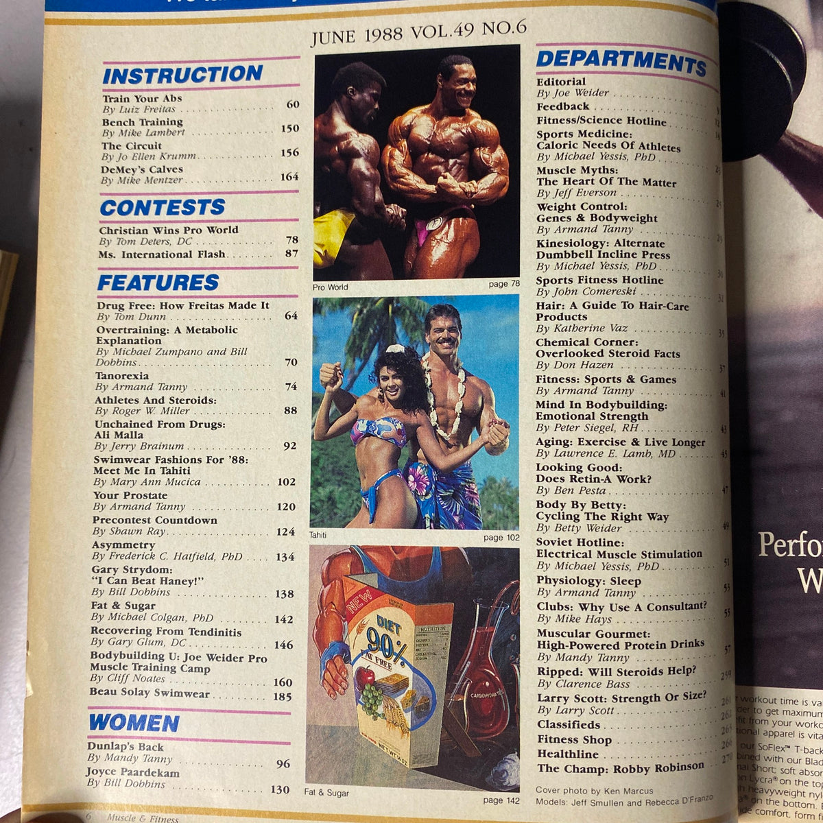 Contents page from Muscle & Fitness Magazine, June 1988 highlighting featured articles. Includes instructions for training, contests, features on drug-free bodybuilding, and more fitness-related tips.