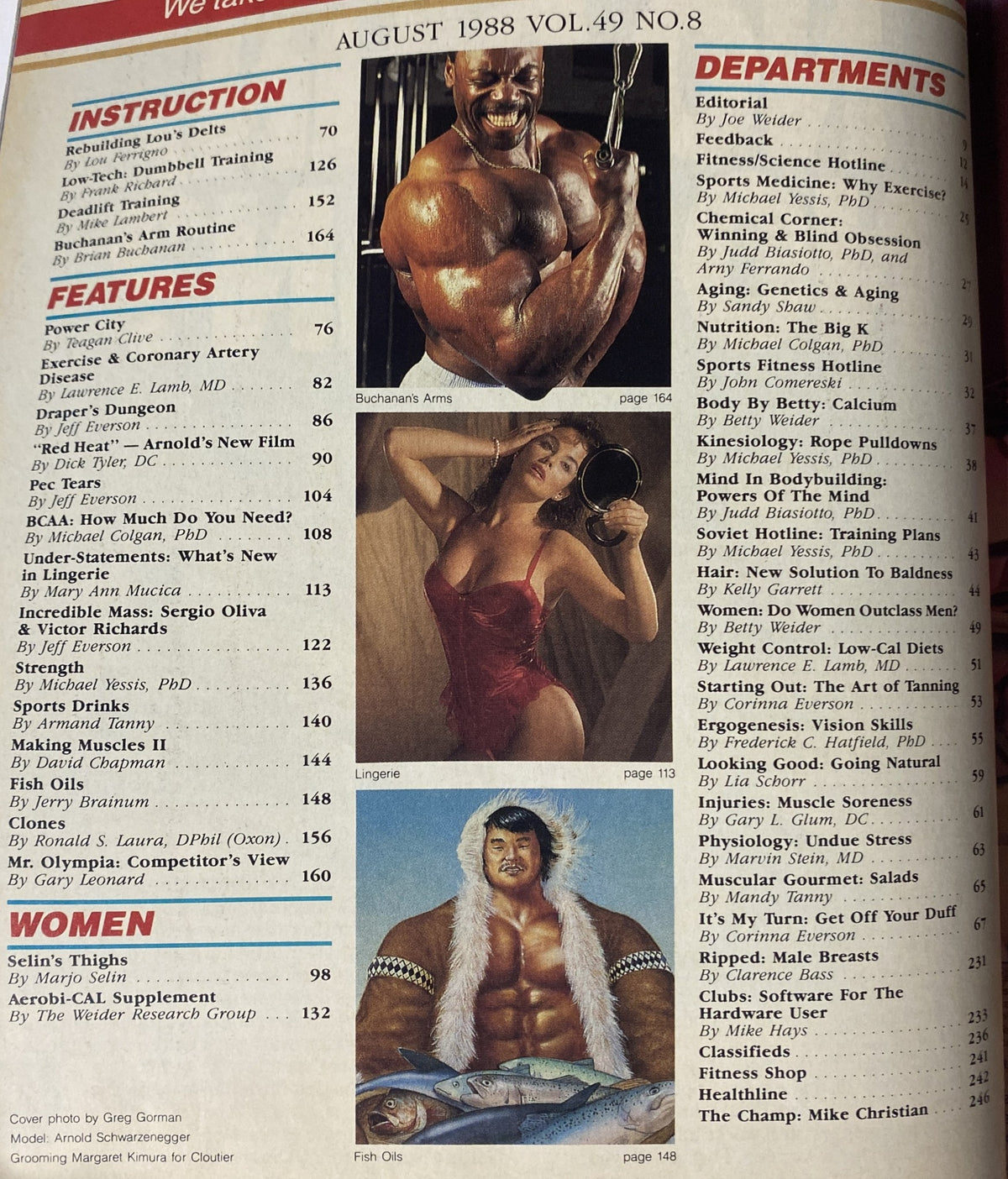 Contents page of Muscle & Fitness Magazine August 1988, detailing features like training routines and articles by notable fitness experts.