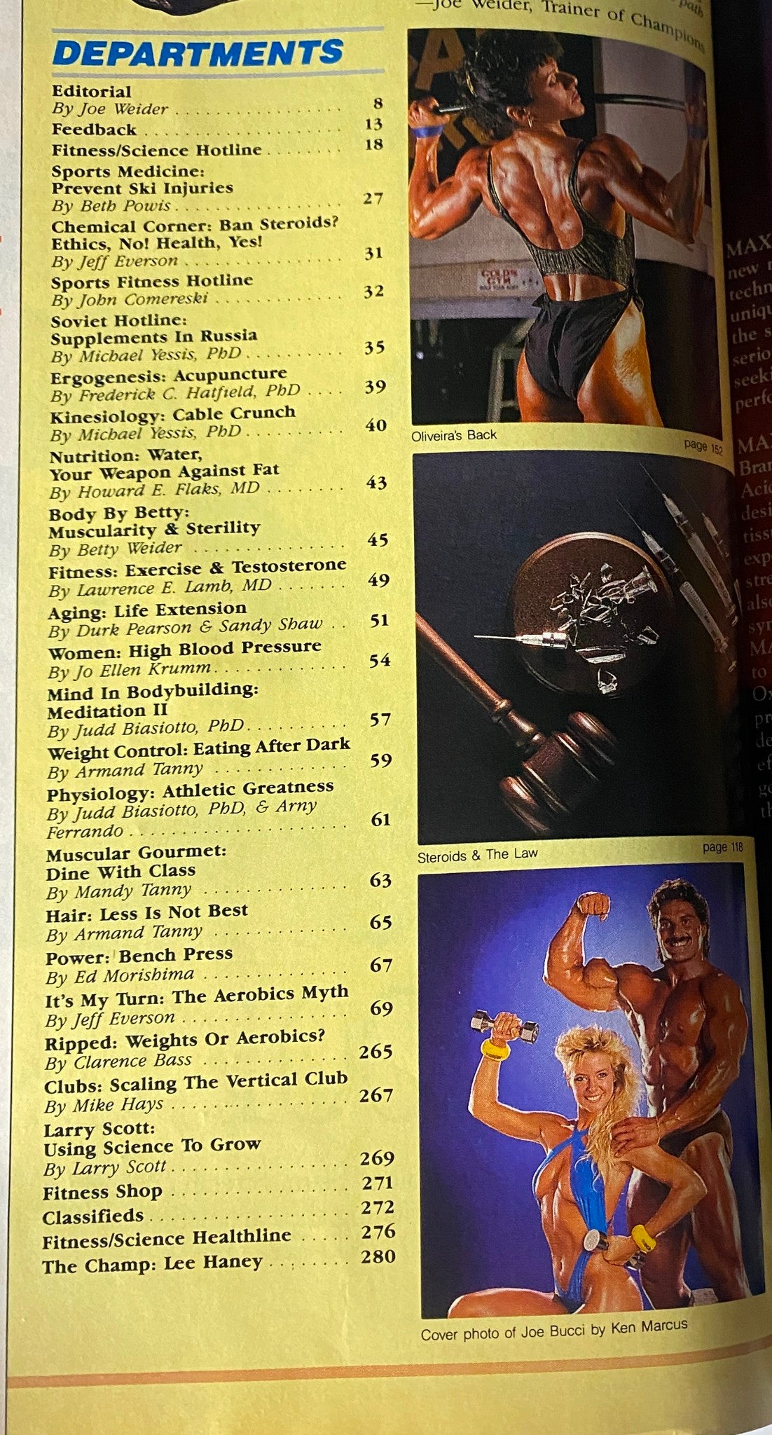Departments page of Muscle & Fitness Magazine February 1989, featuring articles on bodybuilding, health, and fitness topics.