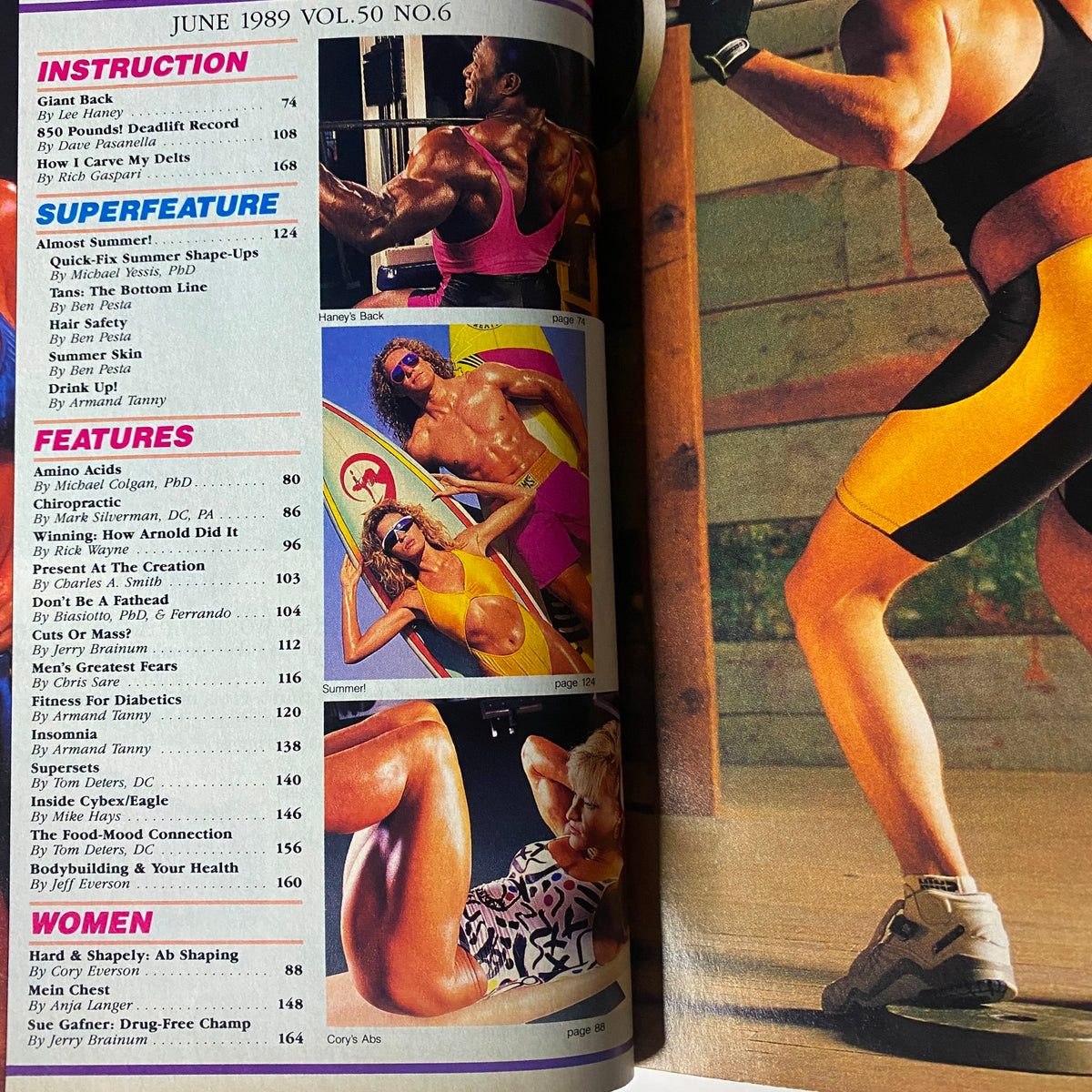 Inside page of Muscle & Fitness Magazine June 1989 showcasing articles on instruction, features, and women in fitness.