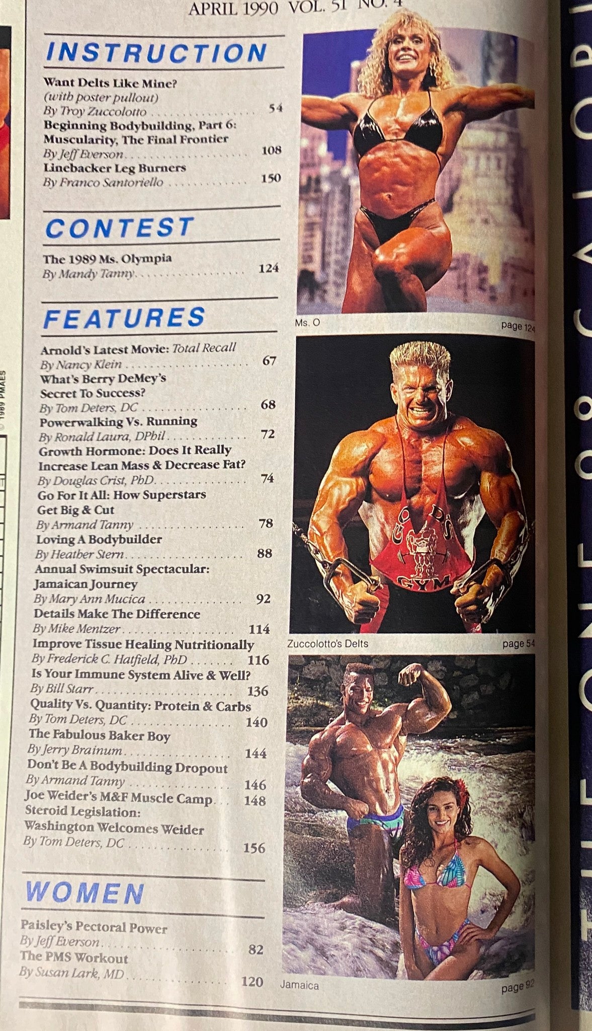 Inside the Muscle & Fitness Magazine April 1990, Vol. 51 No. 4, showcasing column titles including 'Want Delts Like Mine?' and 'Arnold's Latest Movie: Total Recall,' along with images of bodybuilders and nutrition tips.