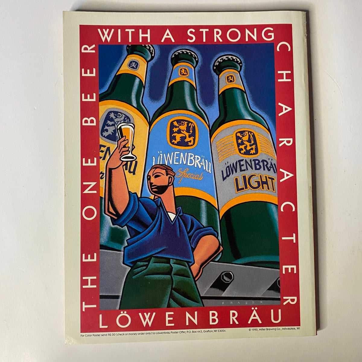 Advertisement for Löwenbräu beer with a strong character, showcasing colorful beer bottles.