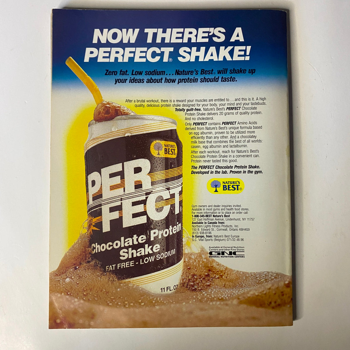 Back cover advertisement for Perfect Chocolate Protein Shake in Muscle & Fitness Magazine September 1990, showcasing the nutrition benefits of the product.