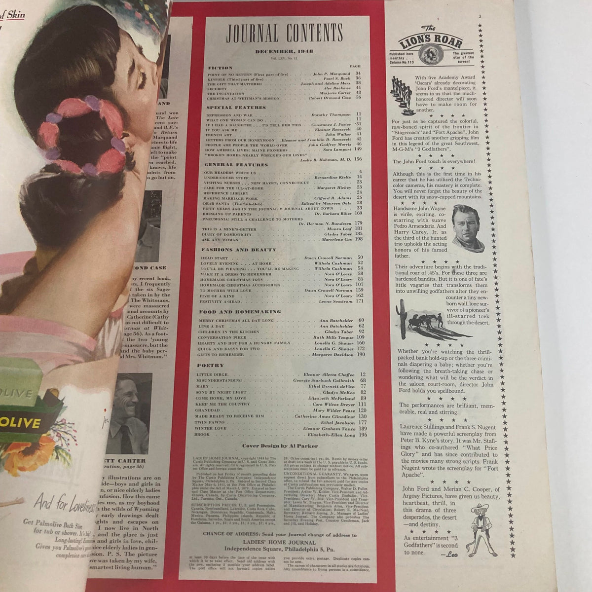 Table of contents from the Ladies' Home Journal Magazine December 1948, featuring various articles and special features, reflecting the interests of women in that era under the theme 'Point of No Return'.