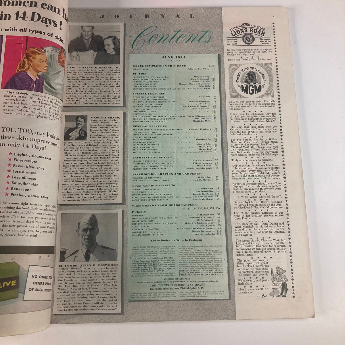 Contents page of Ladies' Home Journal Magazine, June 1944, Vol 61 No 6, outlining articles and features including Cluny Brown, with a vintage design aesthetic.