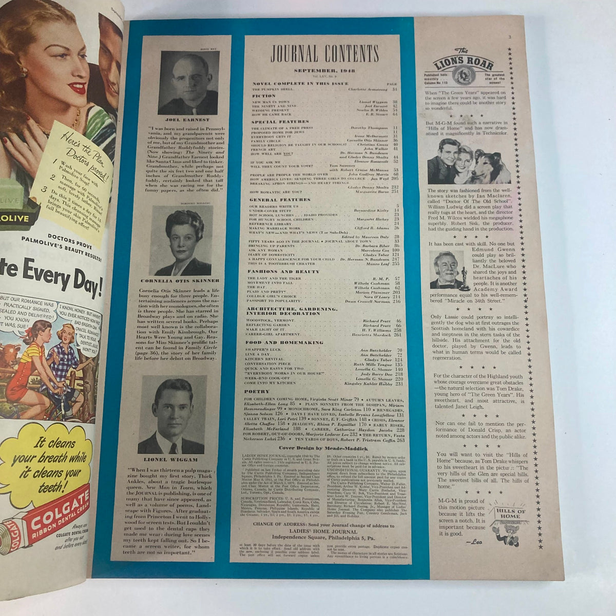 Interior page of Ladies' Home Journal Magazine September 1948, showcasing the journal contents including author names and features, highlighted with turquoise background.