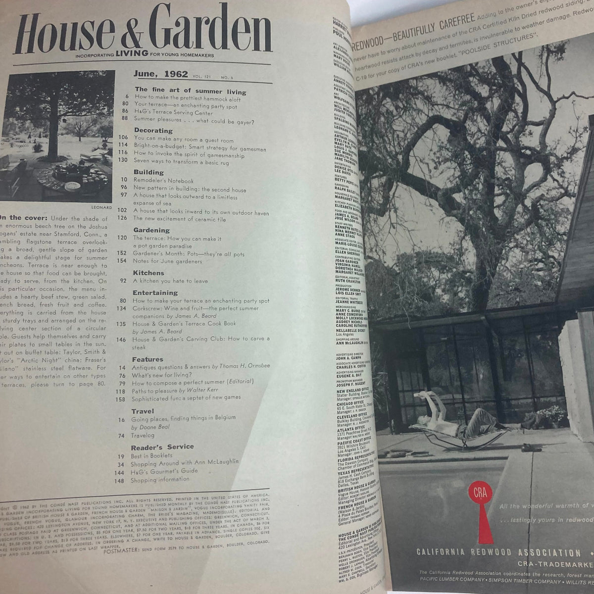 Interior pages of the VTG House & Garden Magazine June 1962, showcasing summer living features, gardening tips, and home decor ideas. This vintage magazine offers insights into 1960s lifestyle trends.