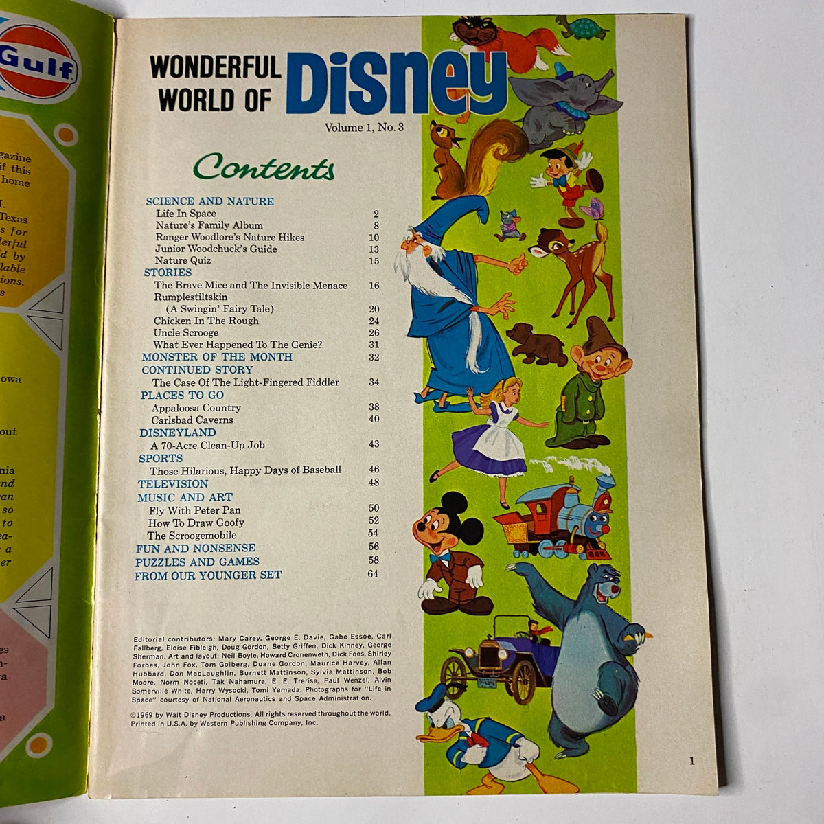 Contents page of Wonderful World of Disney Volume 1, No. 3, listing features including stories, puzzles, and articles related to Disney themes.