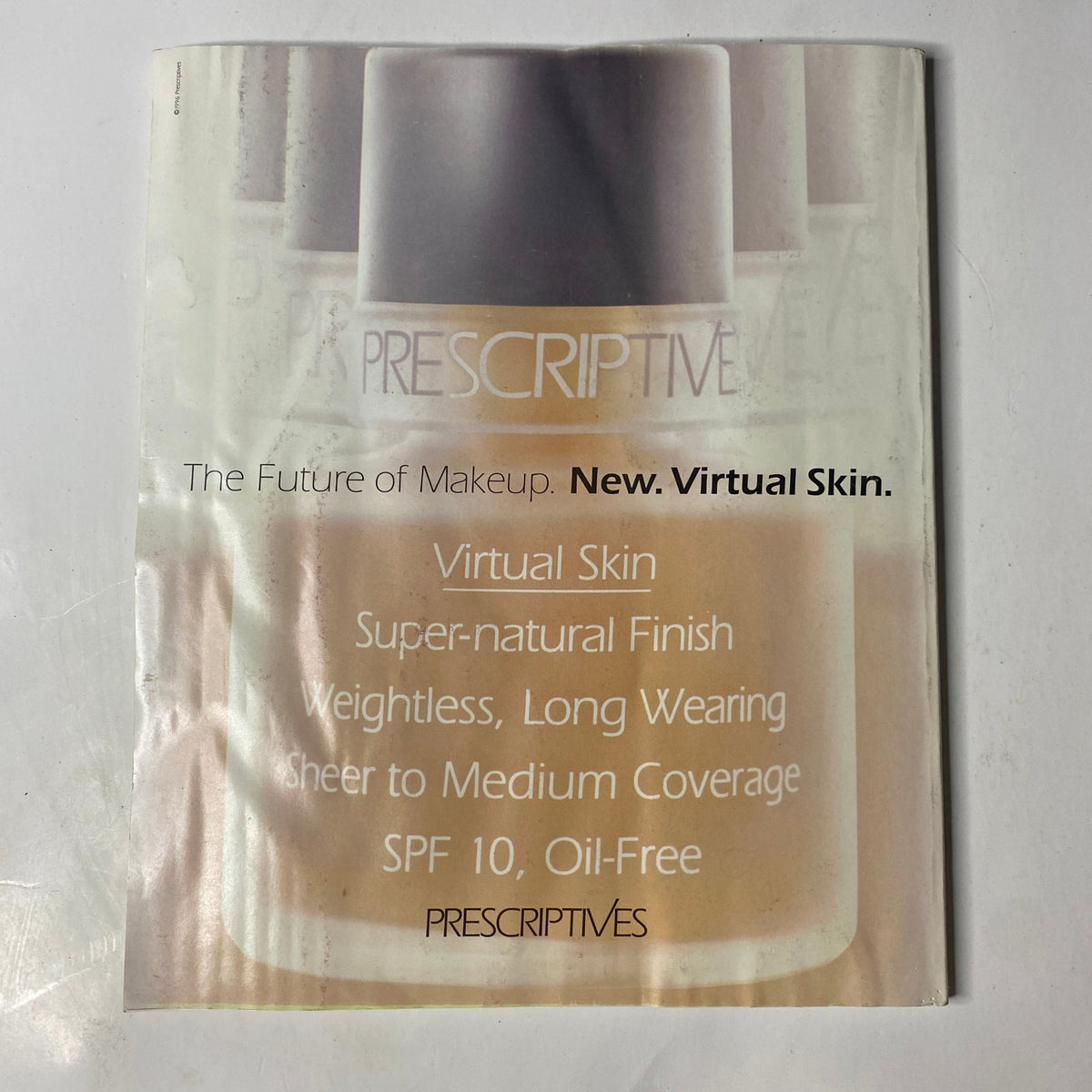 Cover of Prescriptives Virtual Skin makeup brochure showcasing the tagline "The Future of Makeup. New. Virtual Skin" with product details emphasizing a super-natural finish and lightweight, oil-free formula.
