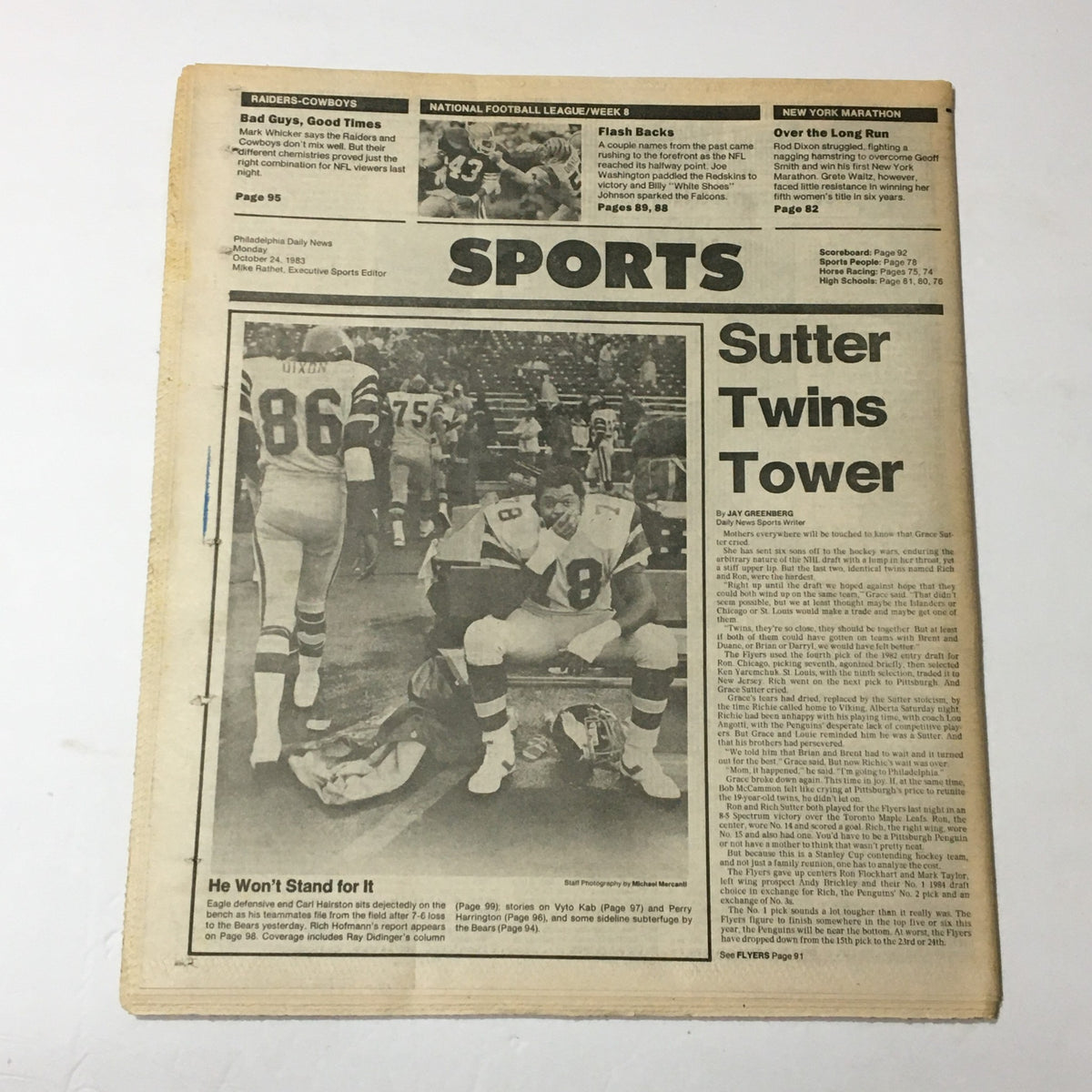 VTG Philadelphia Daily News October 24 1983 - Wounded Marine Toll in Beirut, showcasing the sports section with the headline 'Sutter Twins Tower', relevant to the days' sports news and events.