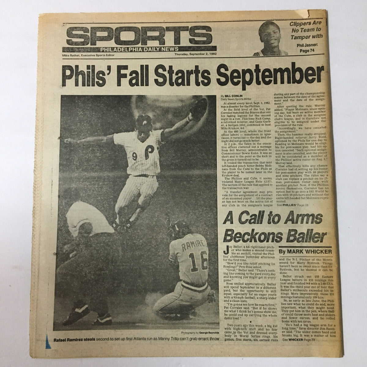 Sports section of the Philadelphia Daily News, September 2, 1982, with the headline 'Phils' Fall Starts September', showcasing a baseball player mid-action as part of the coverage.