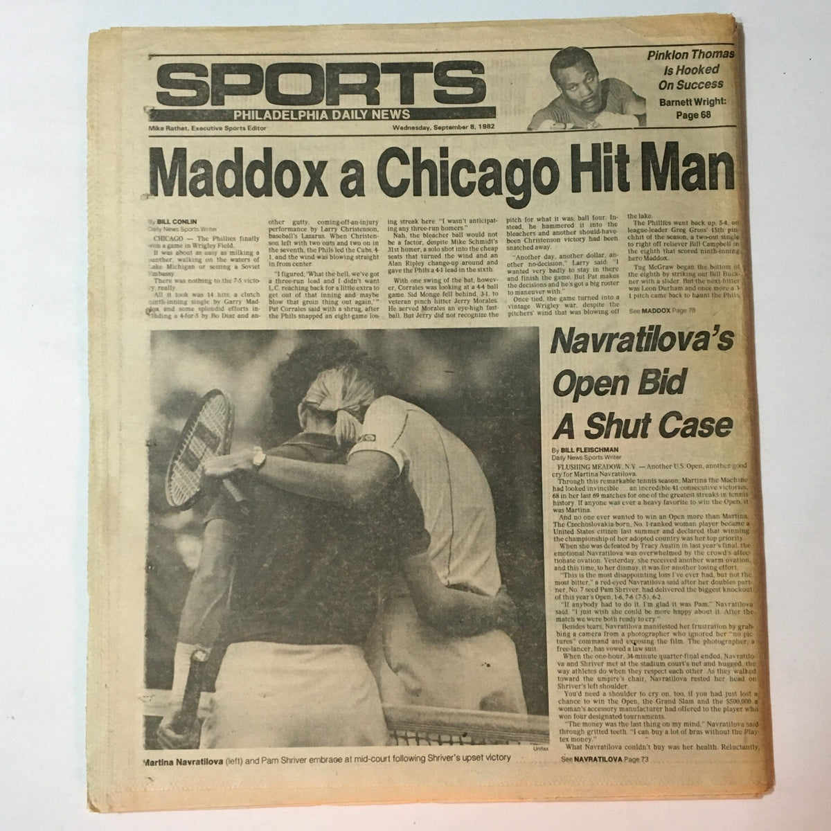 Sports section of the Philadelphia Daily News from September 8, 1982, covering a report on Martina Navratilova and Pam Shriver after a tennis match.