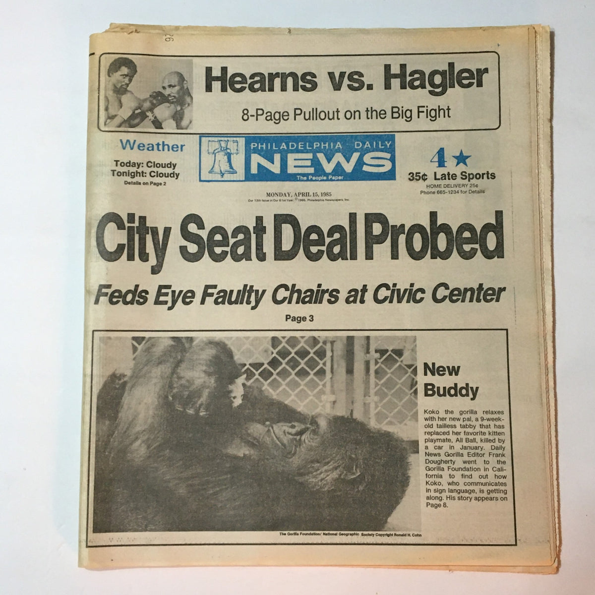 VTG Philadelphia Daily News April 15 1985 featuring Koko the Gorilla on the front page, highlighting news on city seat deal probe and sports.