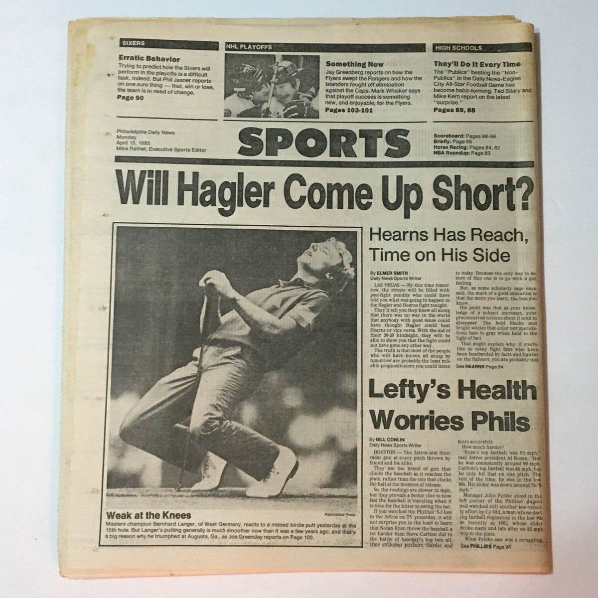 VTG Philadelphia Daily News April 15 1985 with sports coverage including the headline 'Will Hagler Come Up Short?' and a focus on notable sporting events.