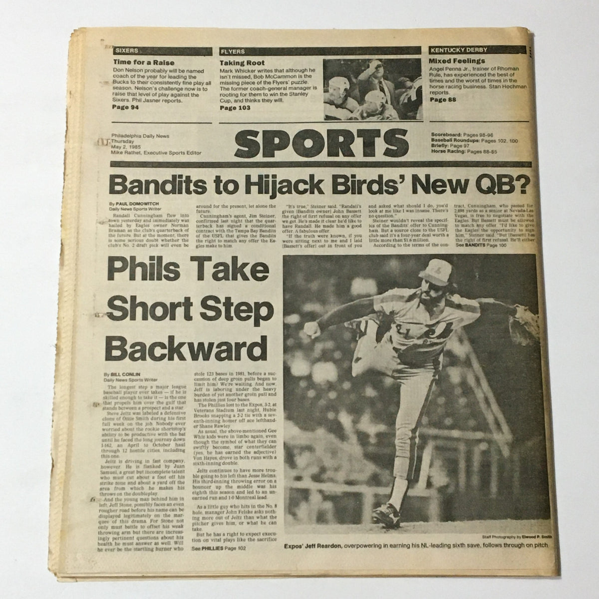 VTG Philadelphia Daily News May 2 1985 with sports section headline 'Bandits to Hijack Birds' New QB?' featuring news on Phillies.