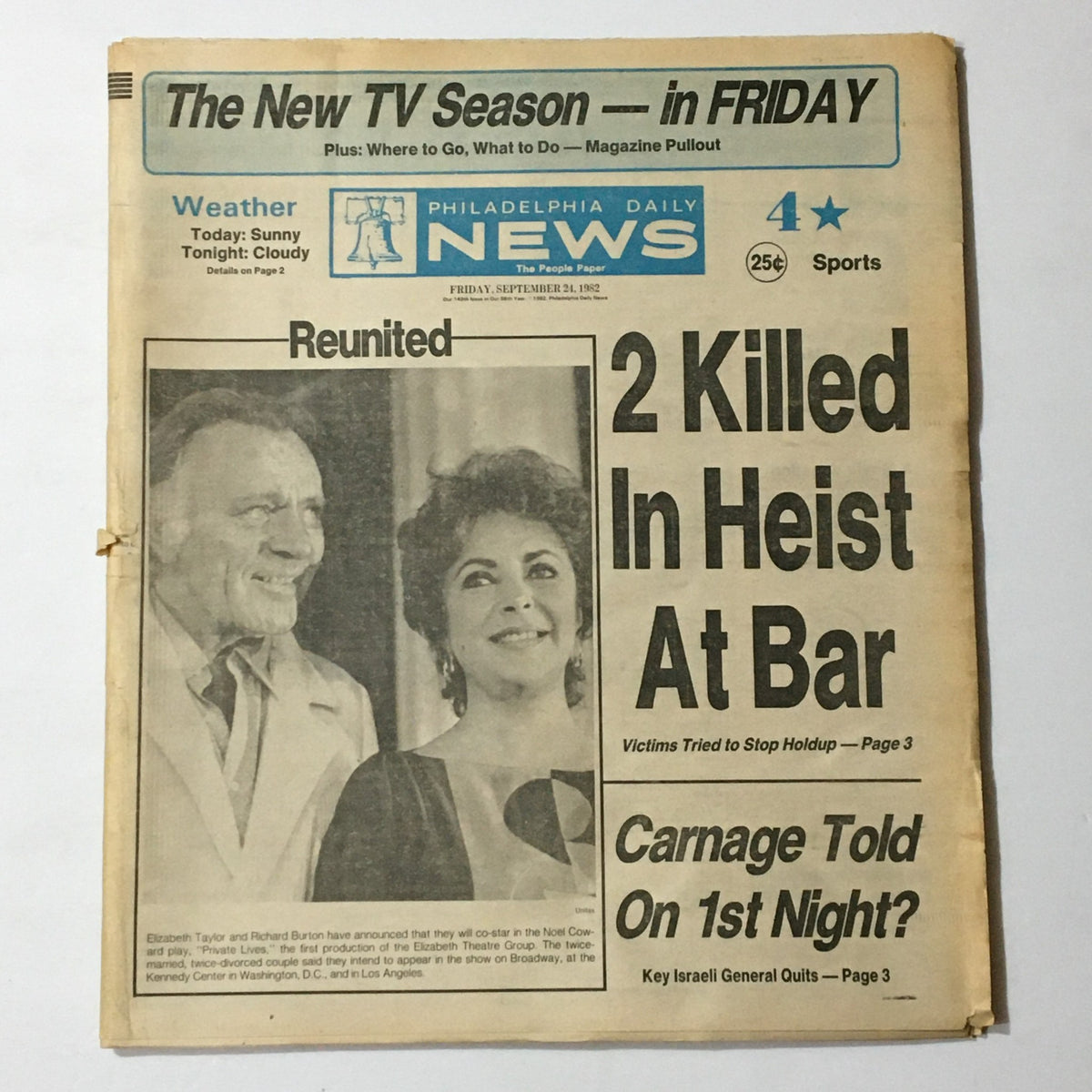Cover of the VTG Philadelphia Daily News from September 24, 1982, featuring Elizabeth Taylor and Richard Burton, with headlines about their reunion and news articles.