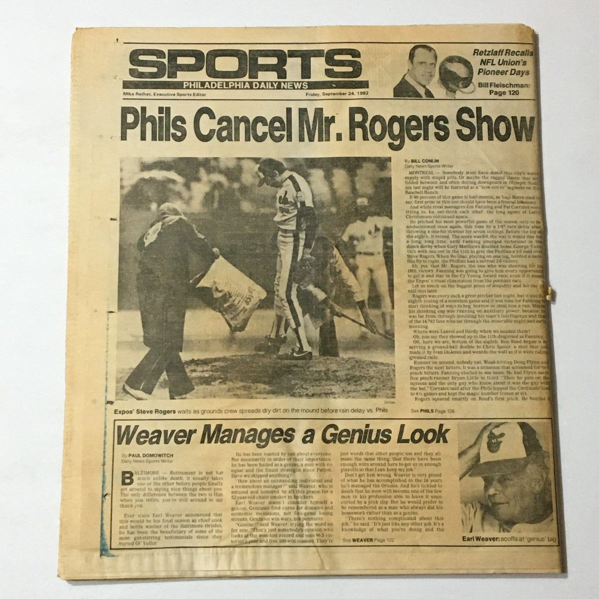 Sports section of the VTG Philadelphia Daily News from September 24, 1982, with headlines about the cancellation of the Mr. Rogers Show.
