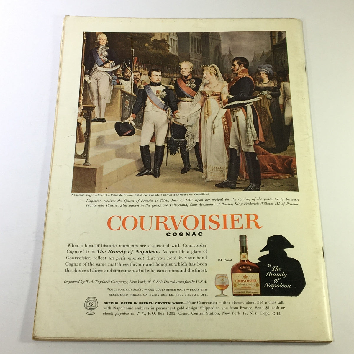 Vintage advertisement page from VTG Gourmet Magazine November 1961, featuring a painting of Napoleon receiving the Queen of Prussia, promoting Courvoisier Cognac as 'The Brandy of Napoleon'.